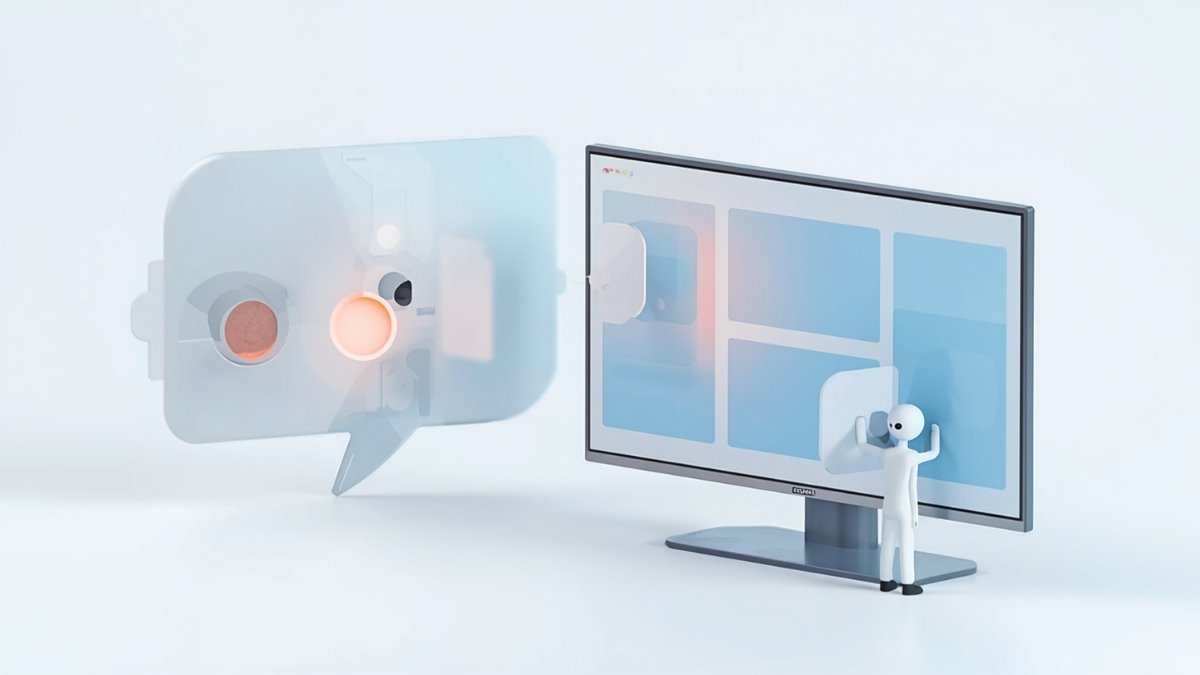 AIの吹き出しと公式サイトの画面が並び、担当者が情報を整えている、AI検索時代の評判管理のイラスト