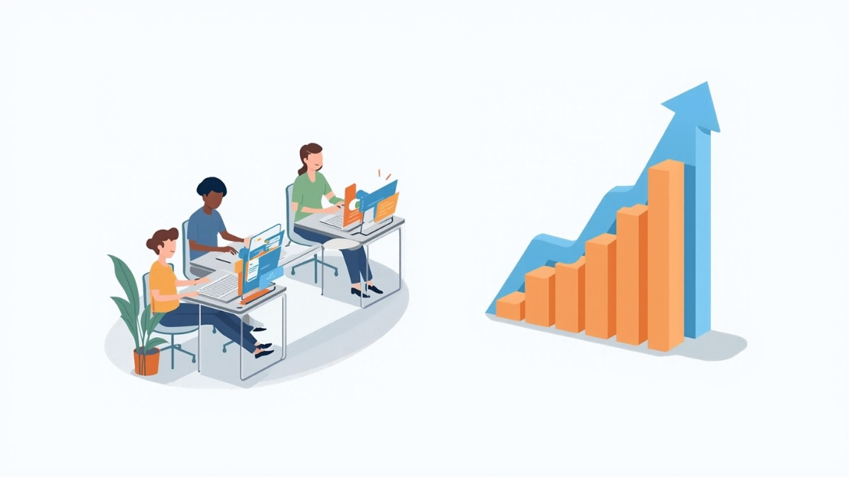 AIが動くパソコンの前で社員たちが笑顔で仕事を進めている、まとめのイラスト