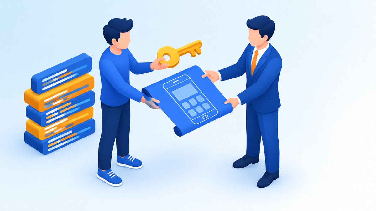 アプリの設計図と鍵を受け渡す場面のイラスト