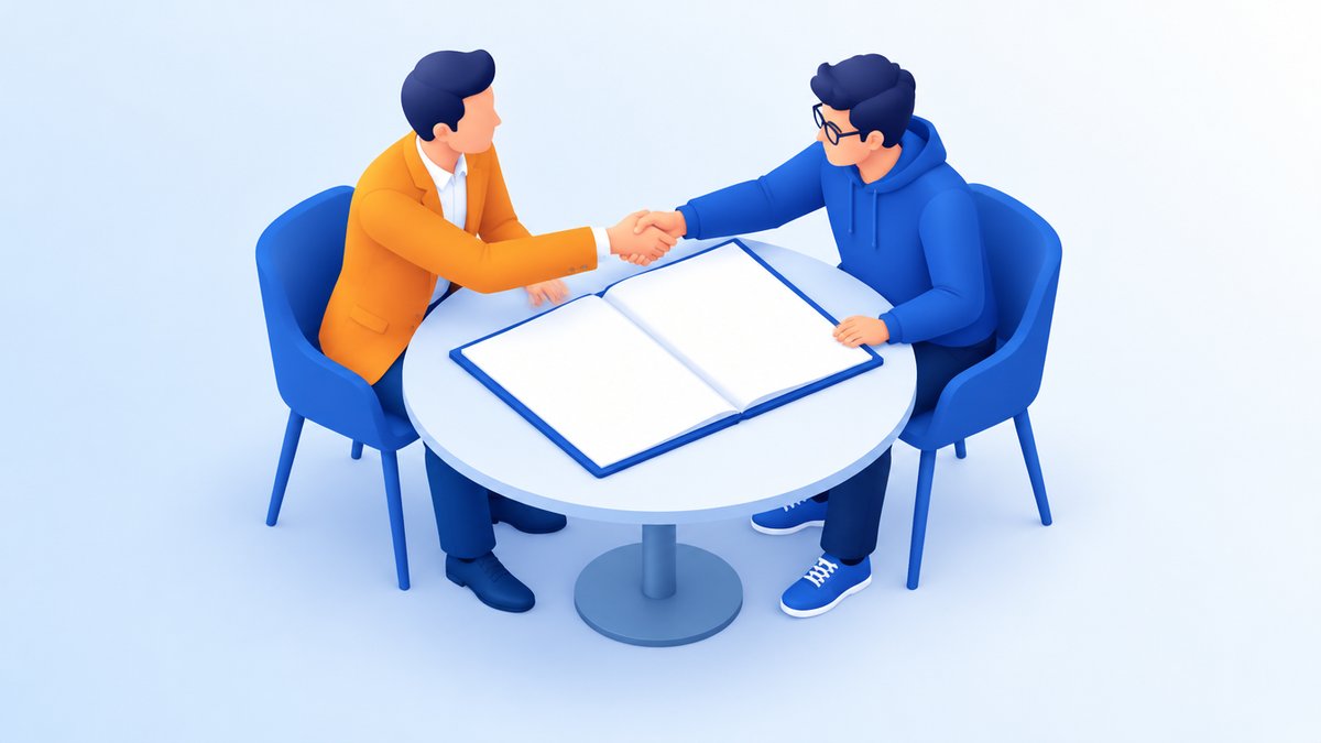 発注者と開発会社が同じ資料を見て話し合うイラスト