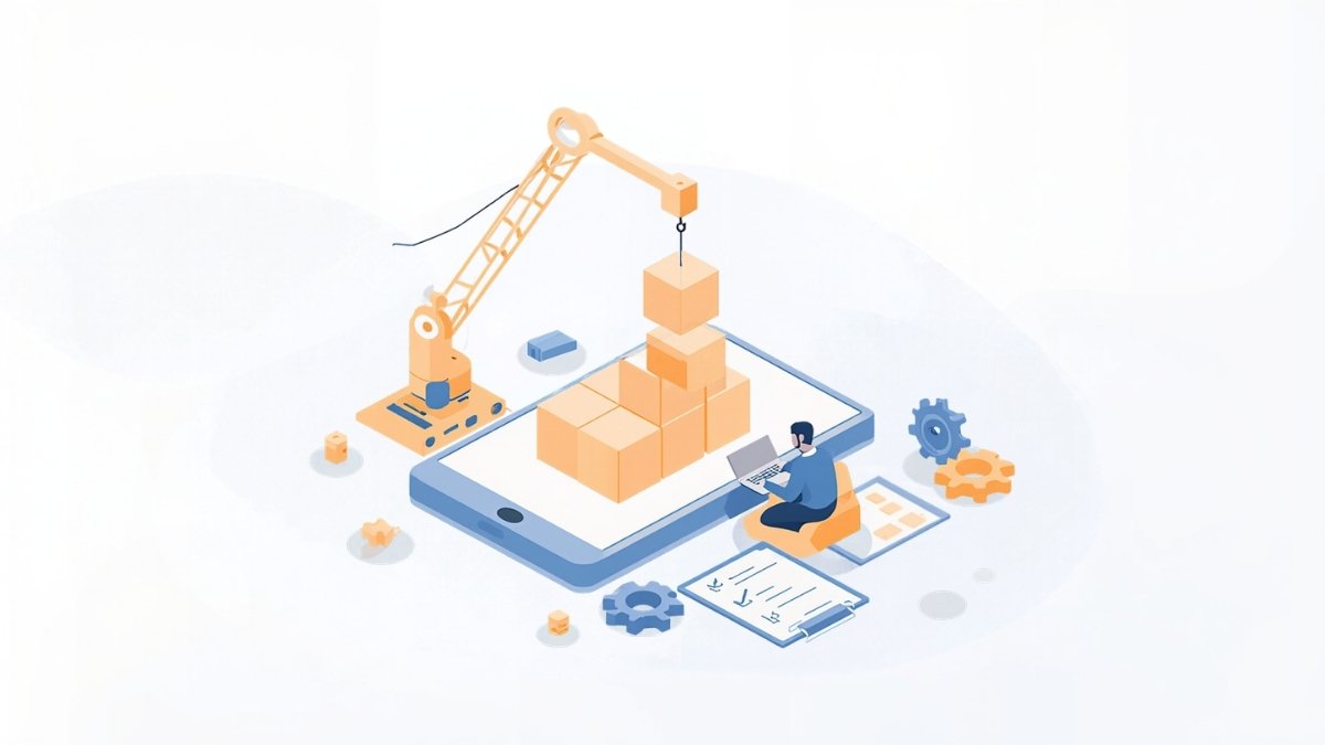 スマートフォンの画面をブロックで組み立てる開発とテストのイラスト