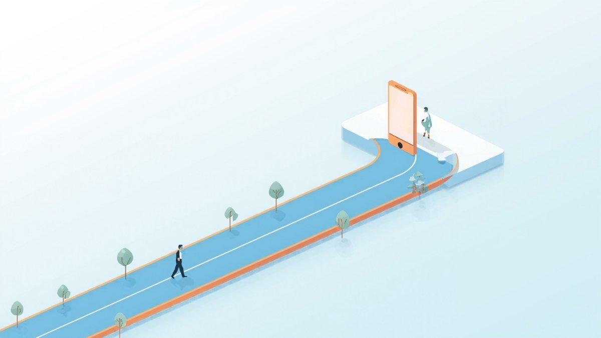 机から公開までの道のりを人が歩いて進む、アプリ開発の全体の流れのイラスト