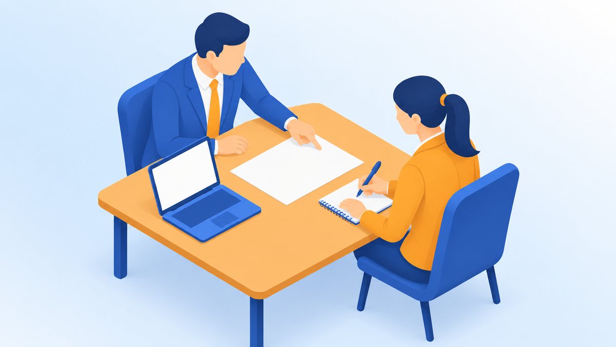 打ち合わせで書類の前提条件を確認する発注者と開発者のイラスト
