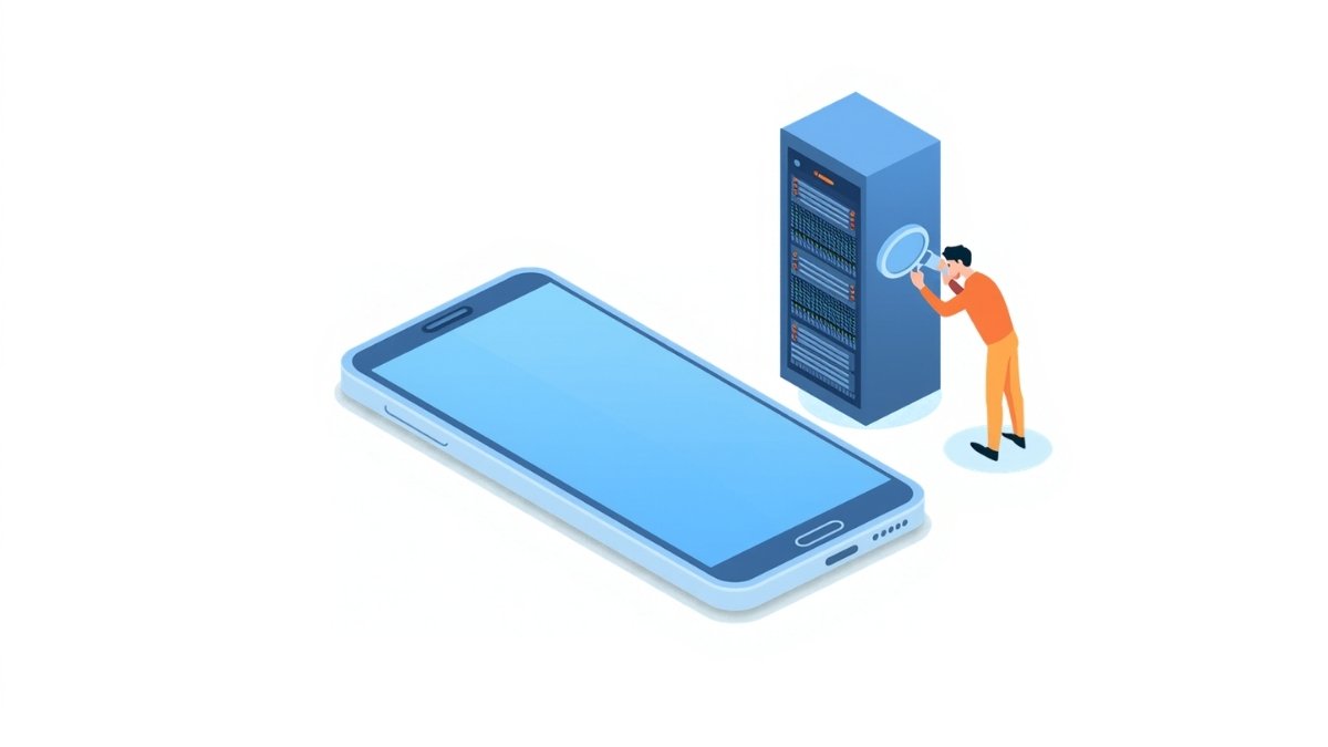 スマートフォンの横で担当者が修理と監視の作業を分担している、保守と運用の違いを表すイラスト