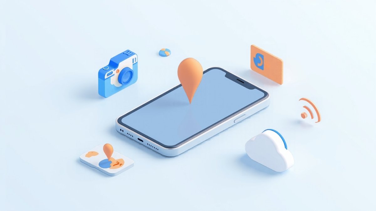 カメラ・通知・地図・会員証などスマートフォンの機能を表したイラスト