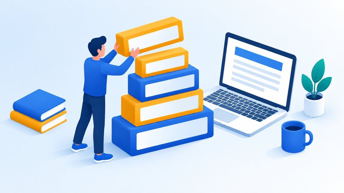見出しを組み立てながら記事を書く担当者のイラスト