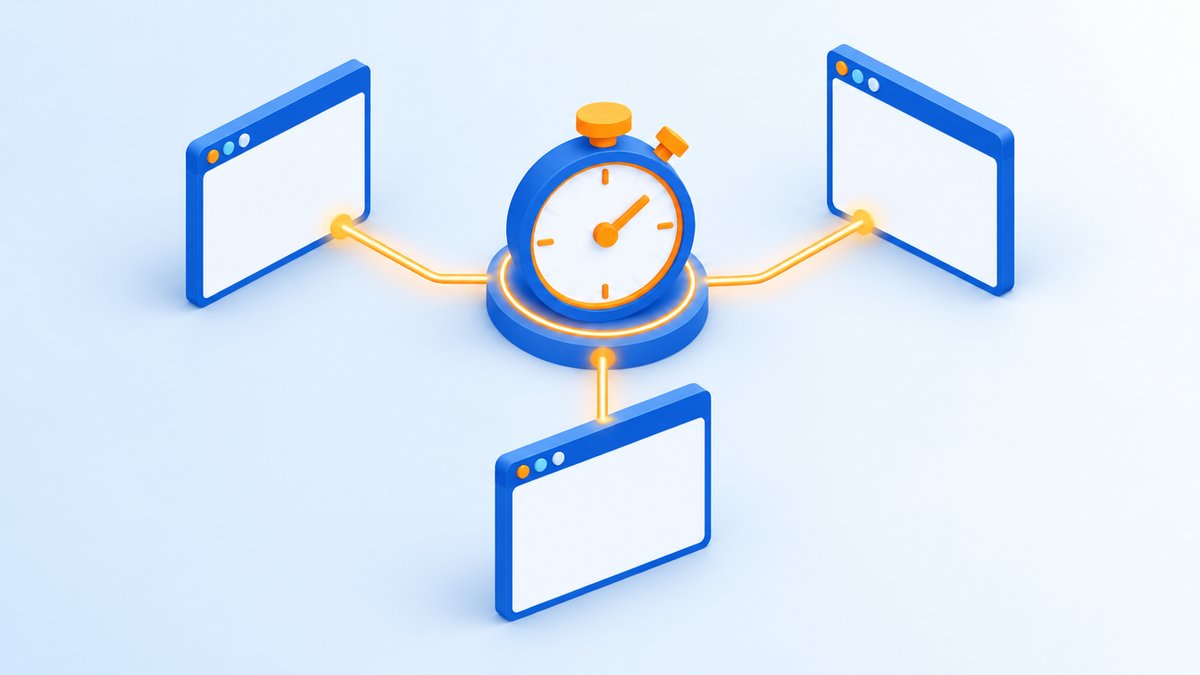 3つのブラウザ画面が1つのストップウォッチにつながる、共通の測り方を表したイラスト