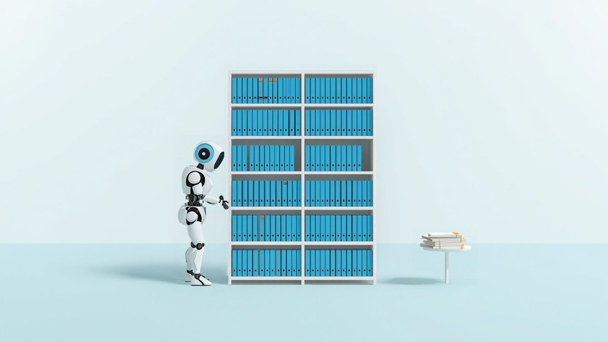 ロボットの司書が書類を本棚に登録するものと残すものに分けているイラスト