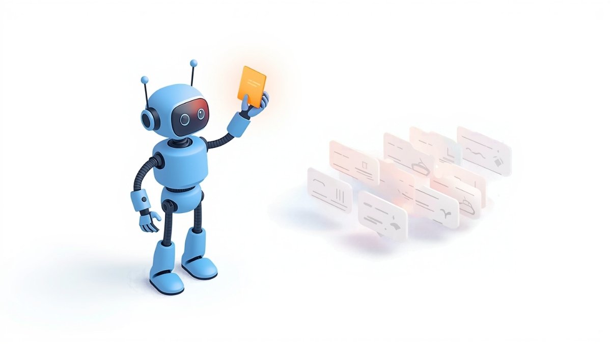 似たページのカードをまとめて代表の1枚を選ぶAIロボットのイラスト