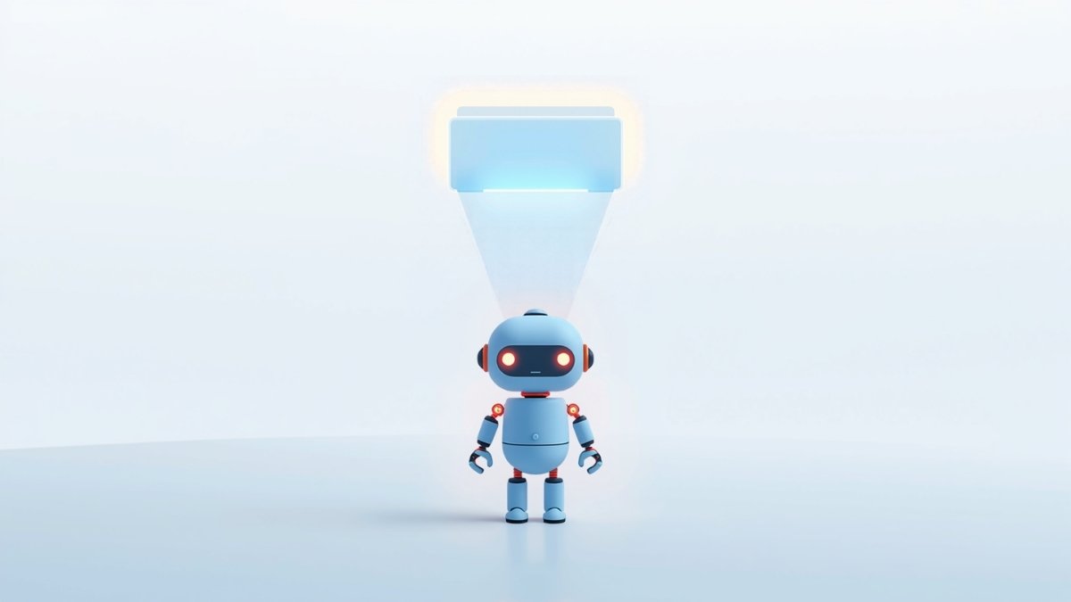 ロボットに光が当たっている、AI検索がFAQを読み取る様子のイラスト