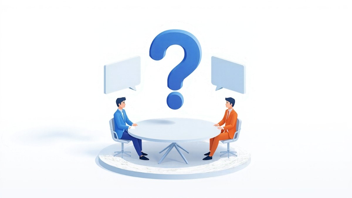 丸いテーブルで2人が質問について話し合っている、よくある質問のイラスト