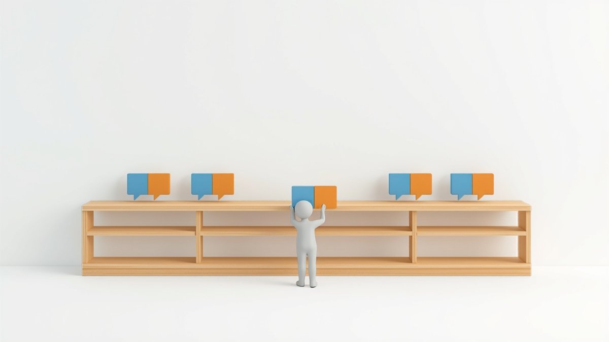 棚に質問と回答の吹き出しを組にして並べる人の、FAQ構造化データの基本を表すイラスト