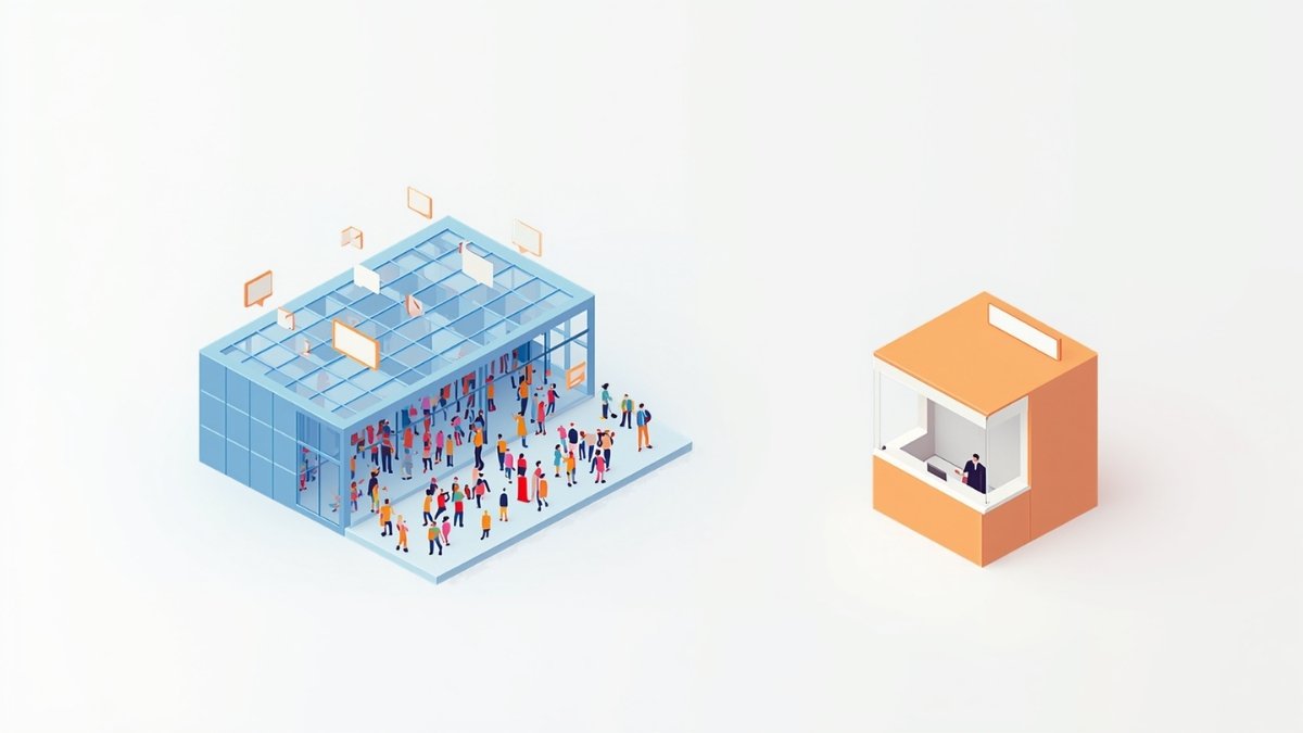 多くの人が意見を交わす建物と1人の案内所を並べた、QAPageとFAQPageの違いのイラスト