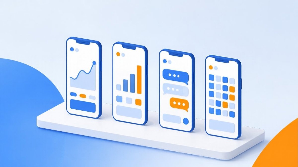 四台のスマートフォンがそれぞれ違うアプリ画面を表示しているイラスト