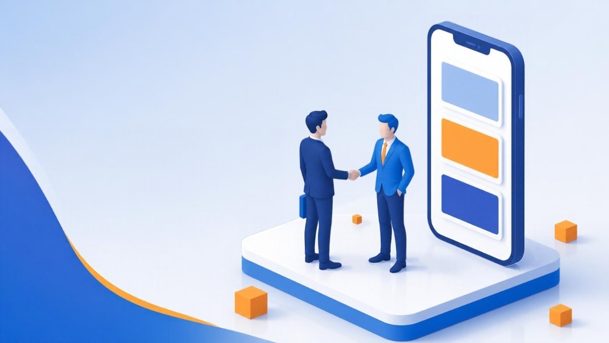 記事のカードが並ぶスマートフォンの前で握手する二人の、まとめのイラスト