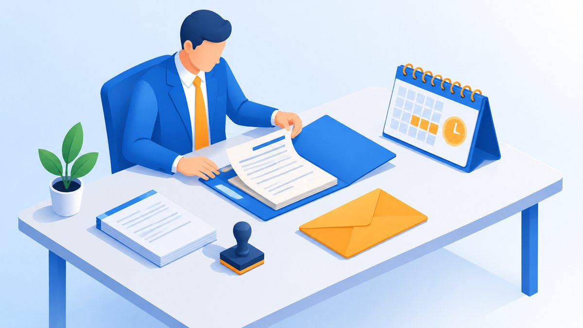 会社の書類をそろえて登録の準備をする担当者のイラスト