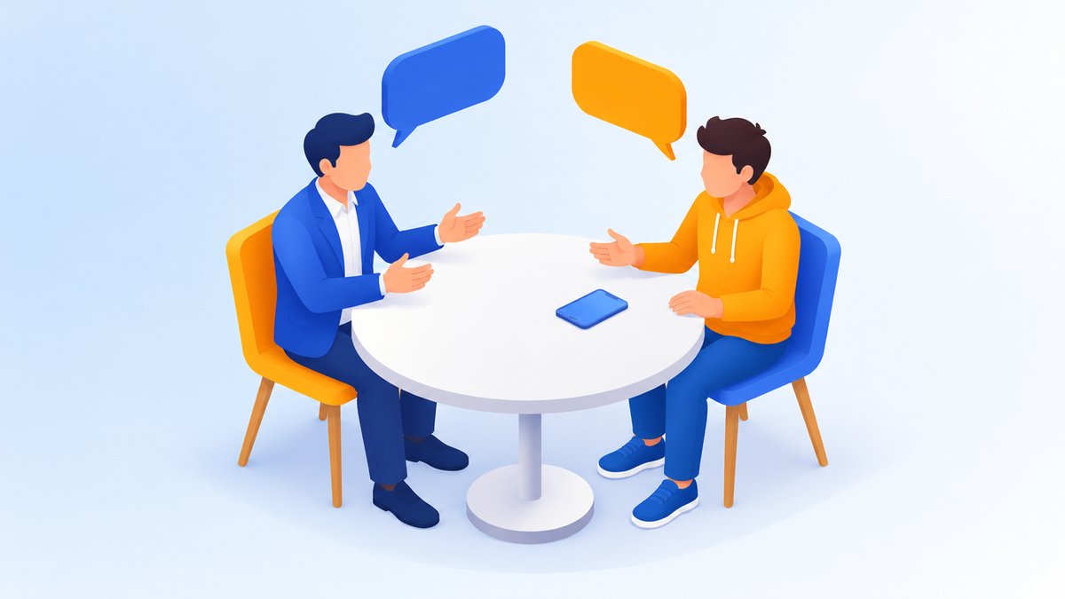 経営者とアプリ開発者が質問を話し合うイラスト