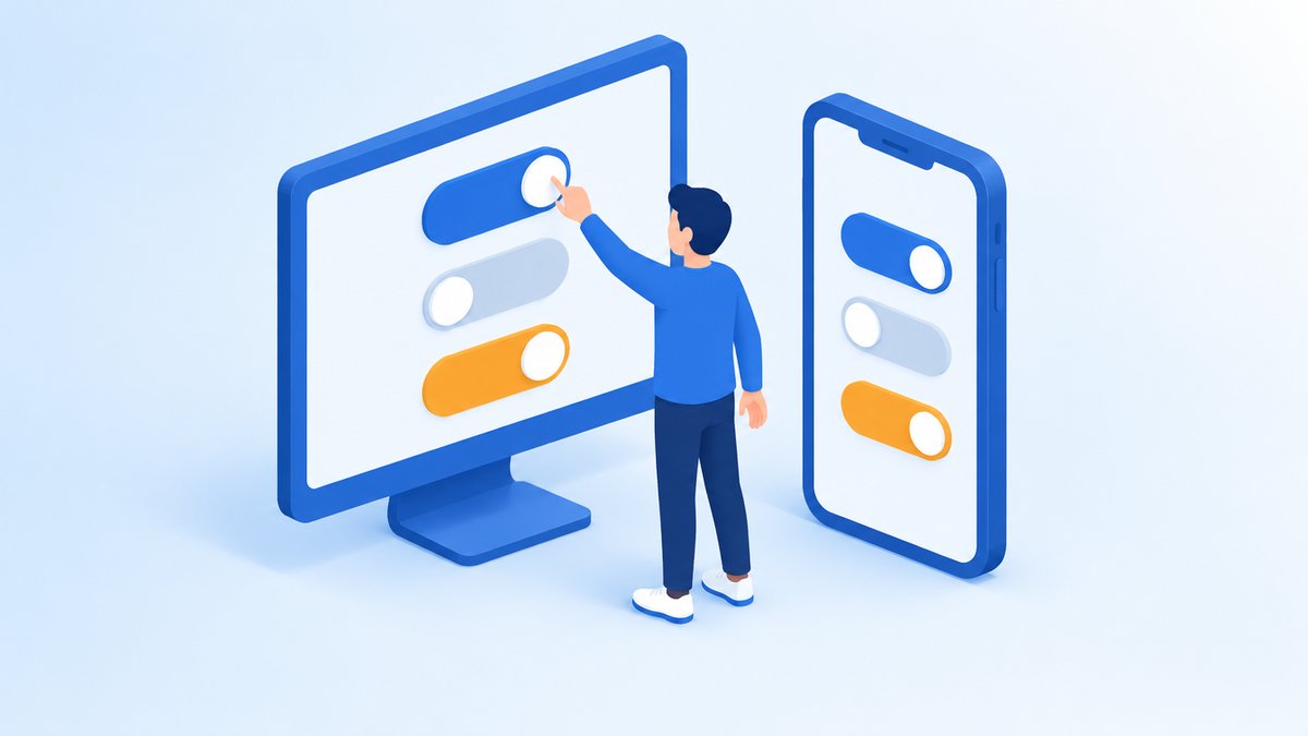 パソコンとスマートフォンの設定スイッチを切り替える担当者のイラスト