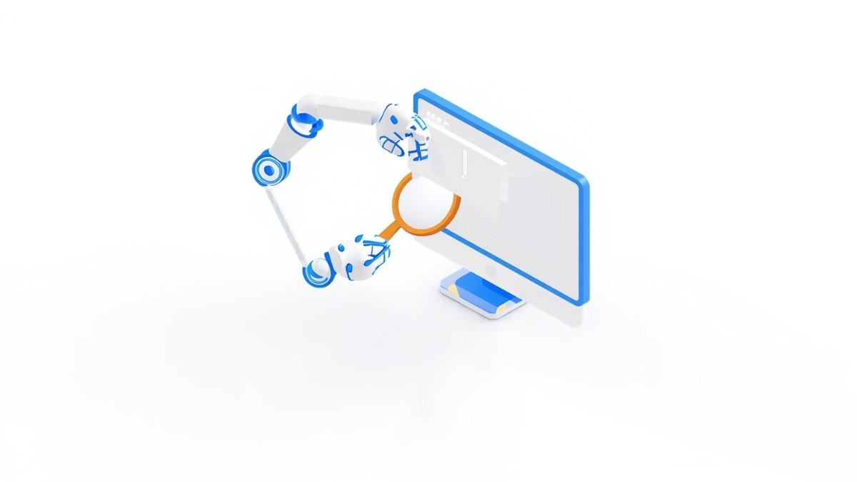 ロボットアームの手伝いを受けながら虫眼鏡でページを確認する、AI活用の注意点のイラスト