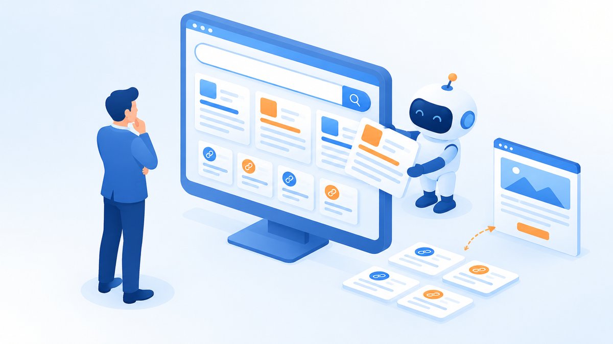 AIがまとめた回答と会社のホームページへのリンクを確認する担当者のイラスト