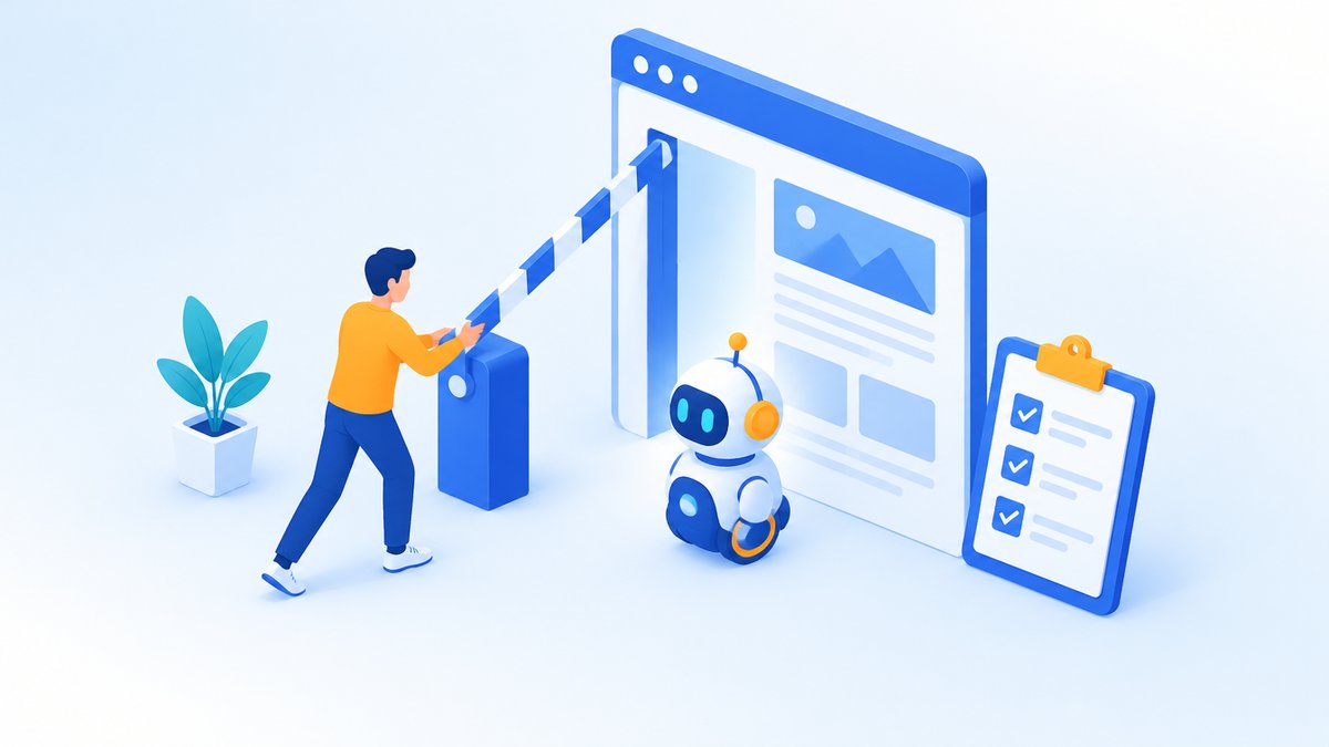 公開前の確認を済ませ検索ロボットを迎え入れる担当者のイラスト