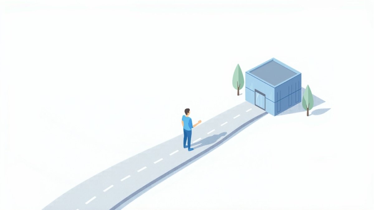 道の先にある事務所を目指して進む人で表した、自作か依頼かの判断のイラスト