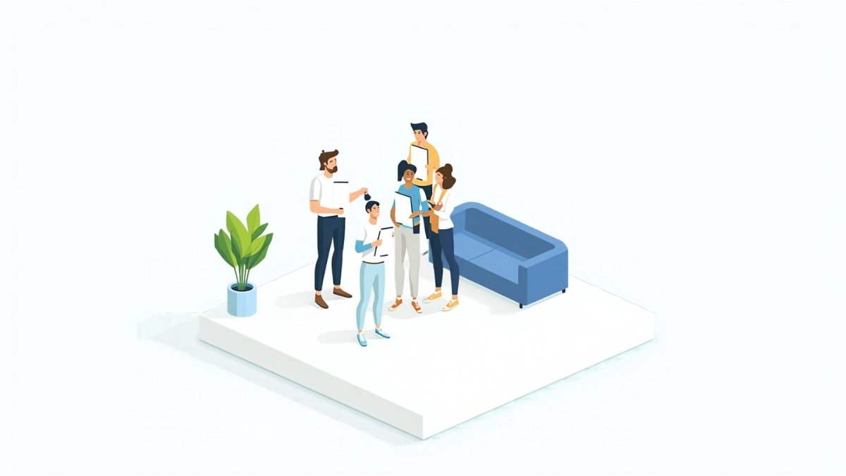 スマートフォンを手に笑顔で話し合う社員たちの、まとめのイラスト