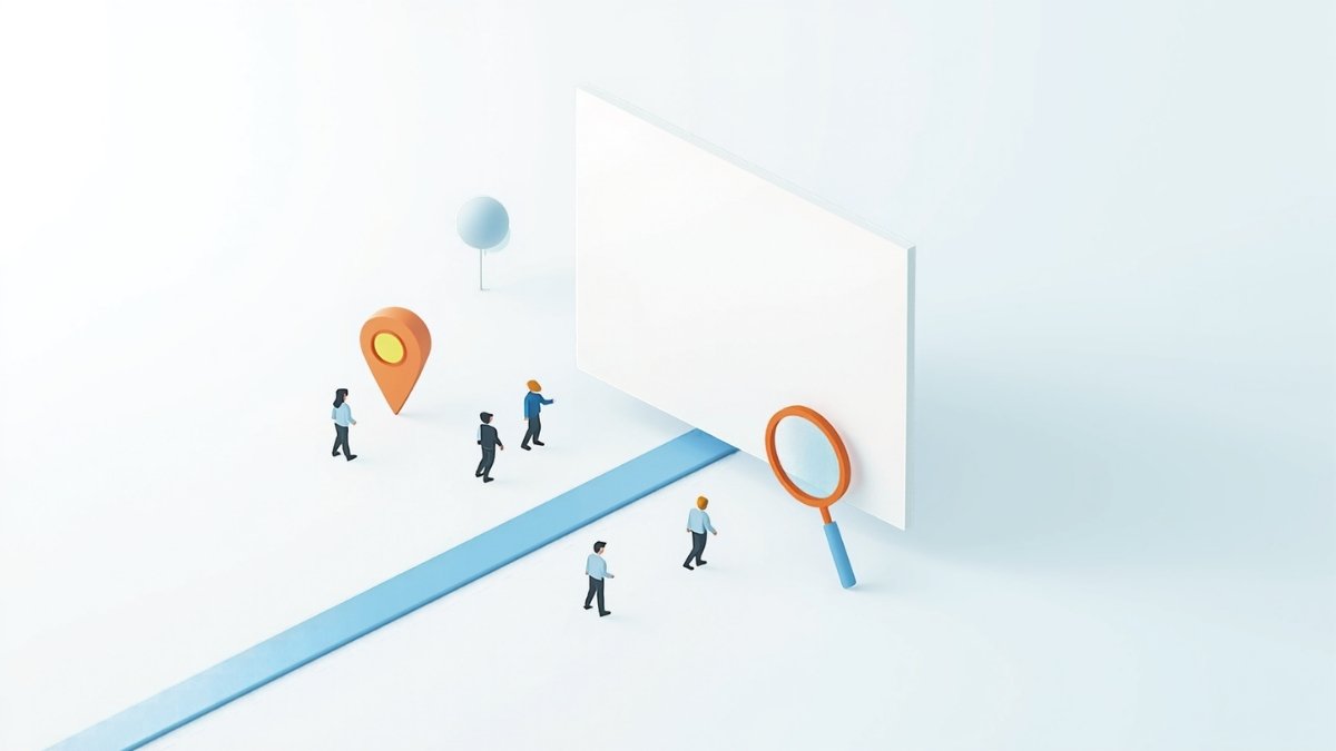 地図のピンと虫眼鏡のそばを人がホームページへ向かって歩く、公開後の集客のイラスト