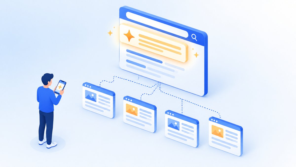 AIの回答と複数のサイトがつながる検索画面を見る利用者のイラスト