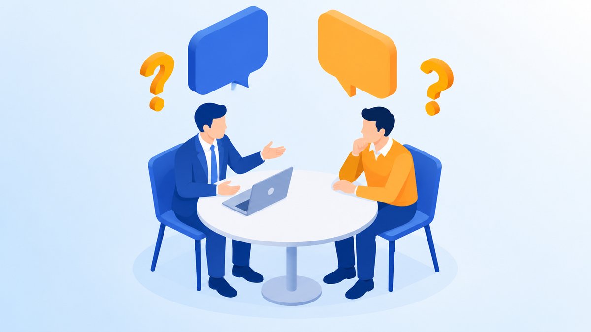 相談役と経営者が質問を話し合う、よくある質問のイラスト