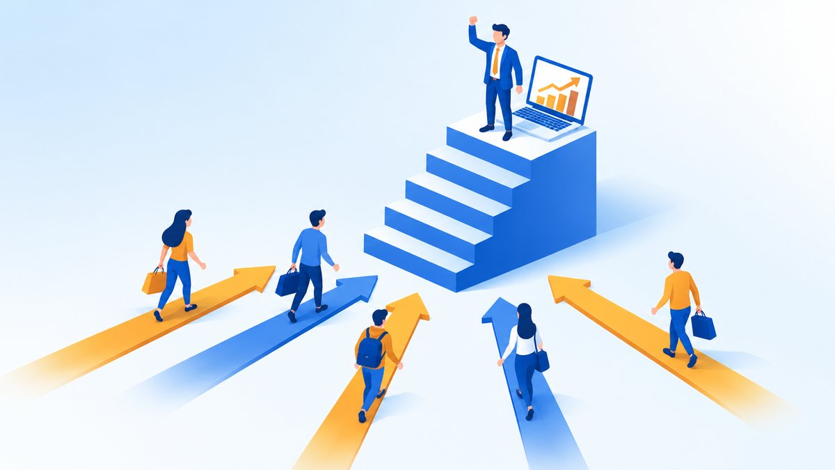 右肩上がりのグラフを表示したパソコンの横で、集まるお客様を迎える経営者のイラスト