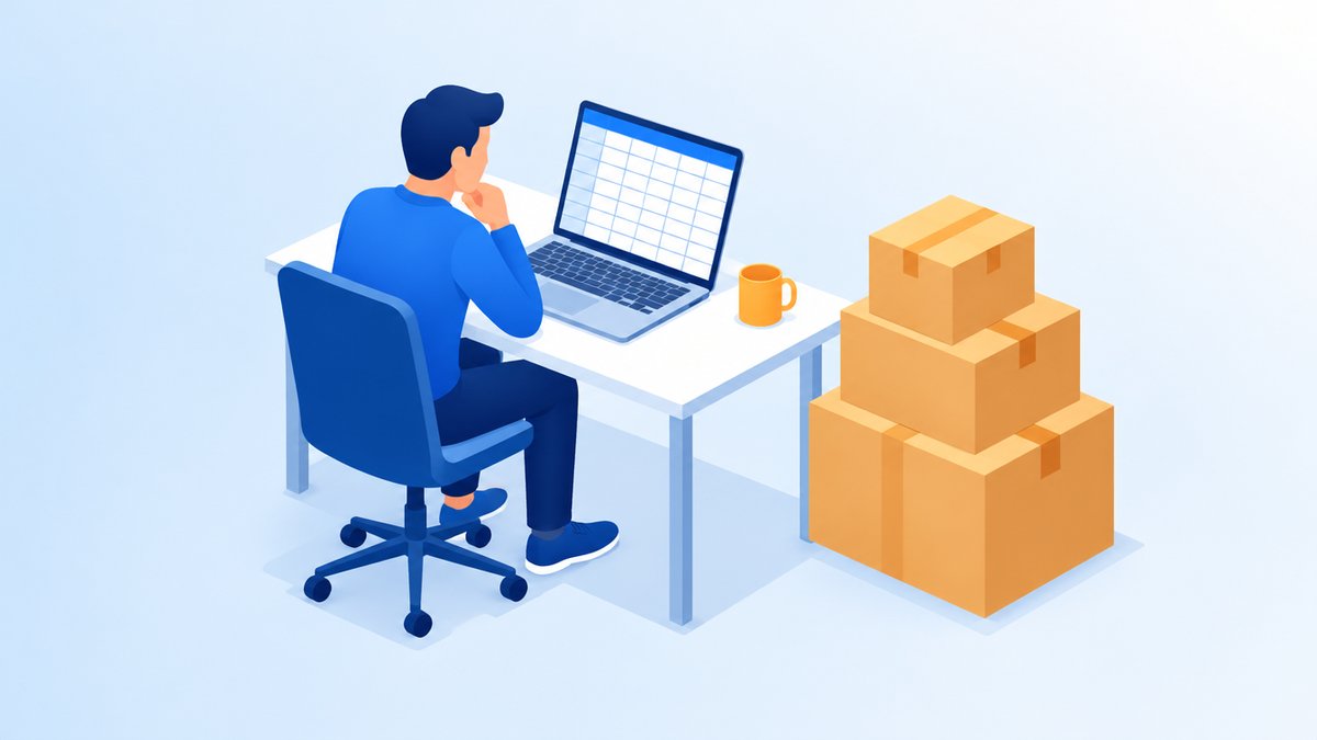 ノートパソコンの表計算画面と段ボール箱を見比べる担当者のイラスト