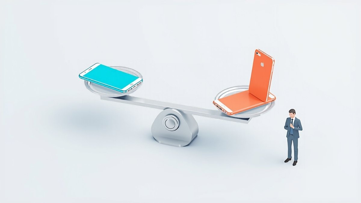 2台のスマートフォンを天秤にかけて比べている様子のイラスト