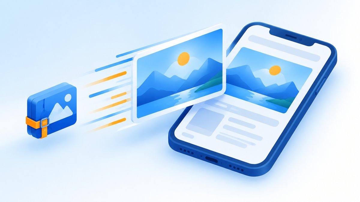 軽くした画像がスマートフォンの画面にすばやく表示される様子のイラスト