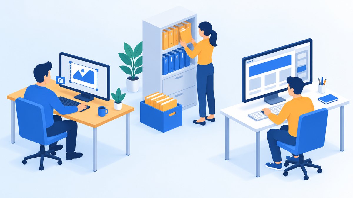 社内で記録と公式サイトの整備を進めるスタッフのイラスト