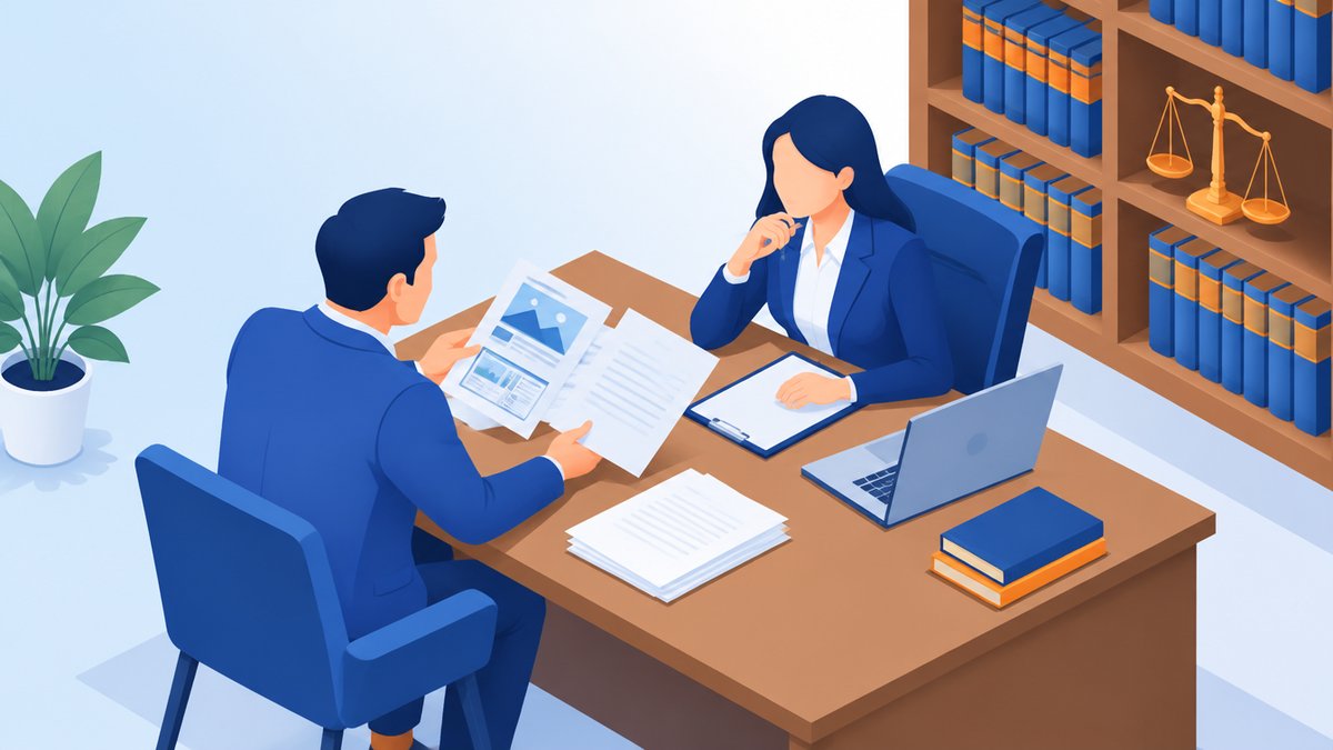 弁護士に資料を見せて相談する経営者のイラスト