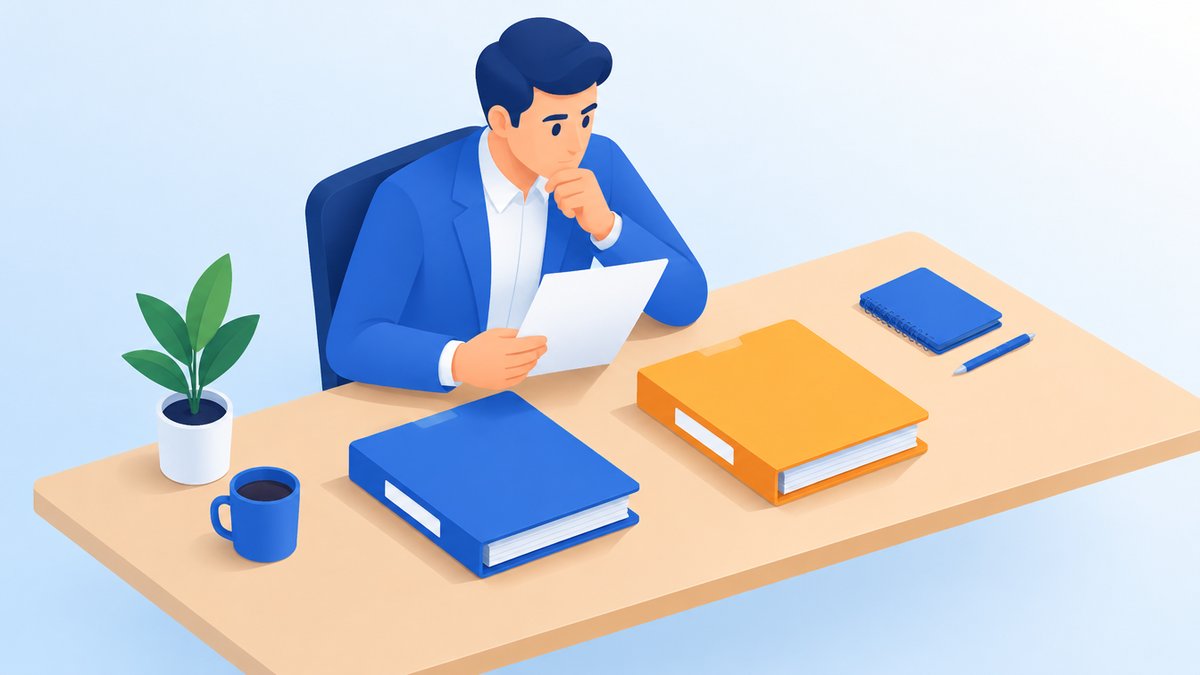 提案書を確認して依頼先を選ぶ経営者のイラスト