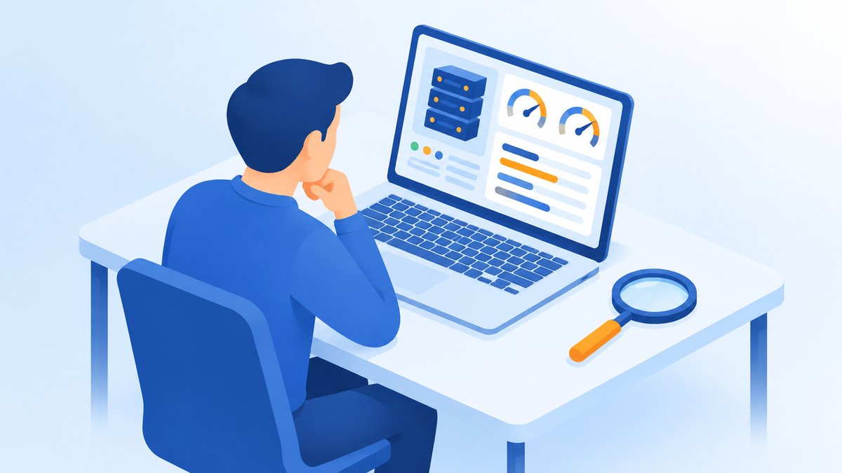 ノートパソコンでサーバーの情報画面を確認するWeb担当者のイラスト