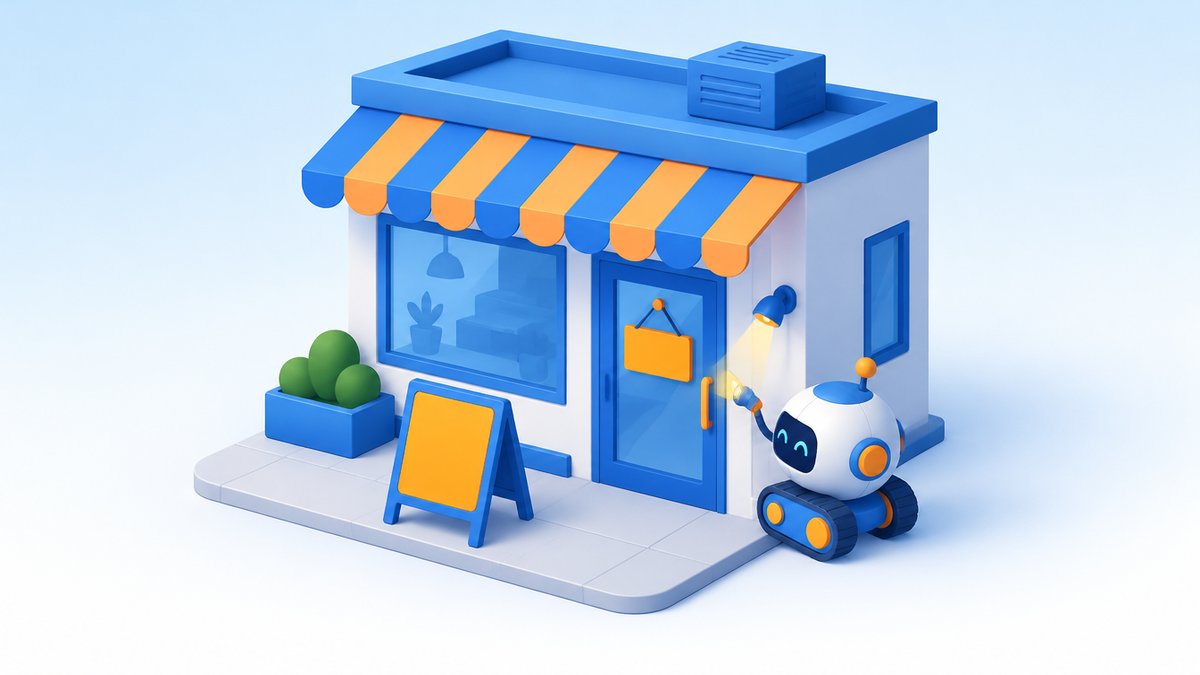 一時休止の看板を出した店の前を検索ロボットが確認しているイラスト