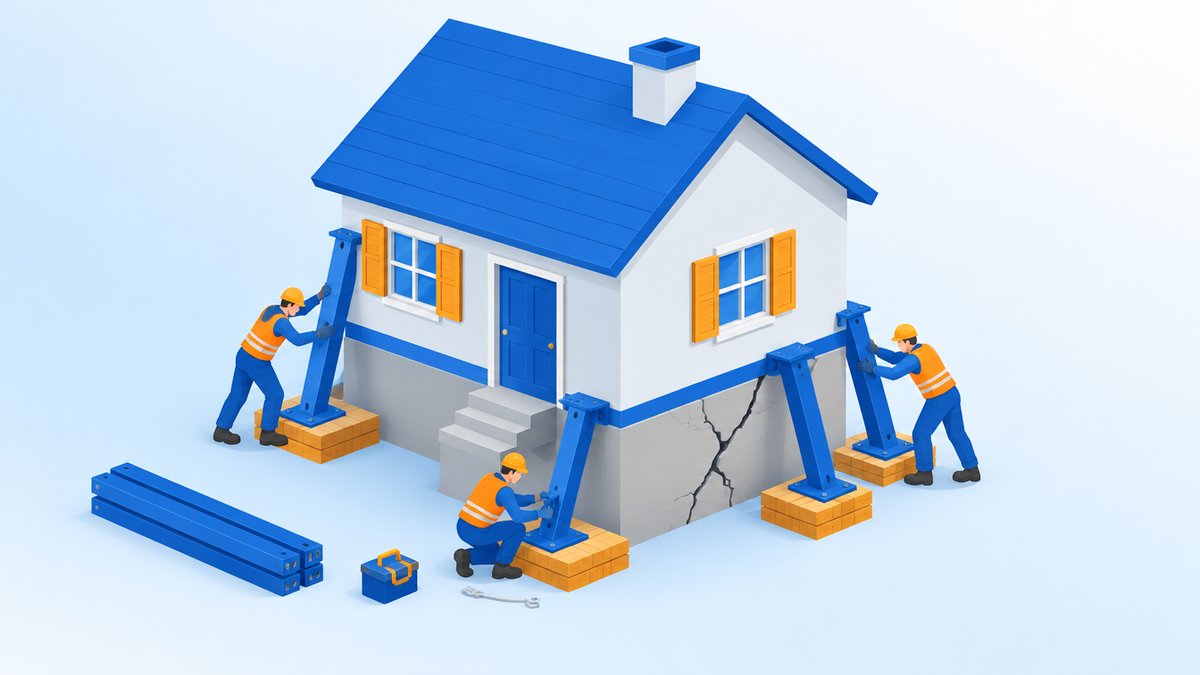 家の土台にひびが入り上の建物を作業員が支えているイラスト