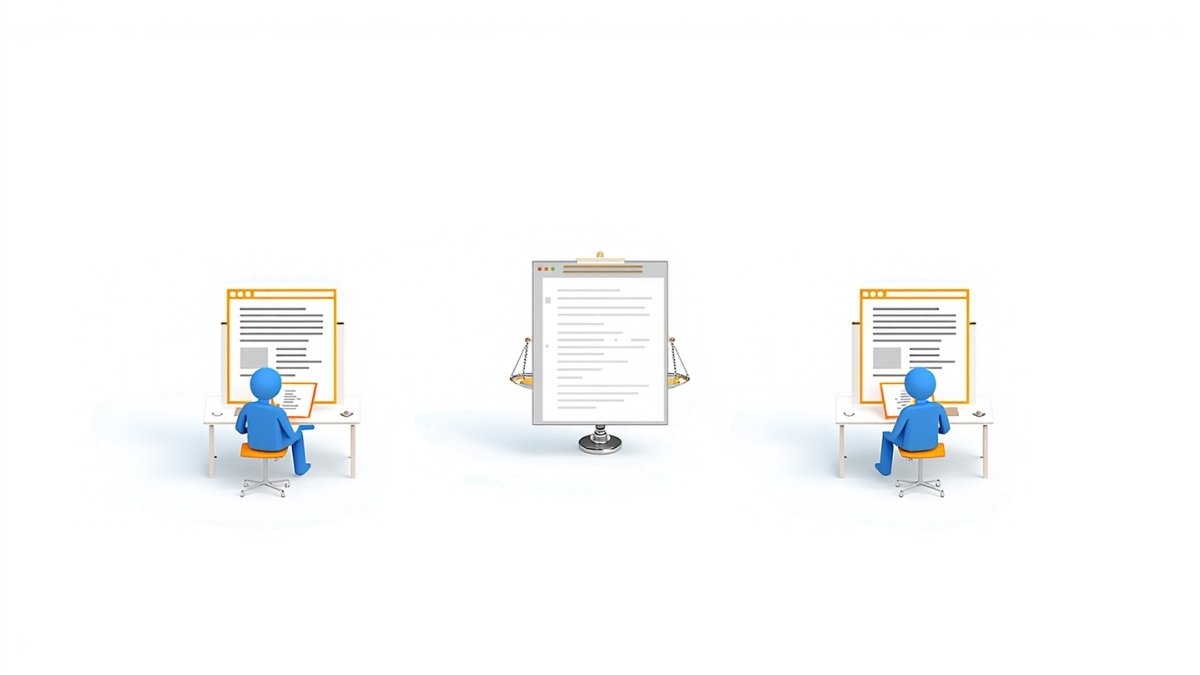 評価者たちが机に向かってWebページを見比べている様子のイラスト