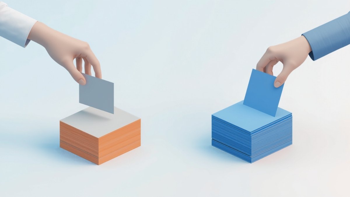1枚のカードを取り除く手と、カードを下に押し下げる手が並んだ、削除と押し下げの違いのイラスト
