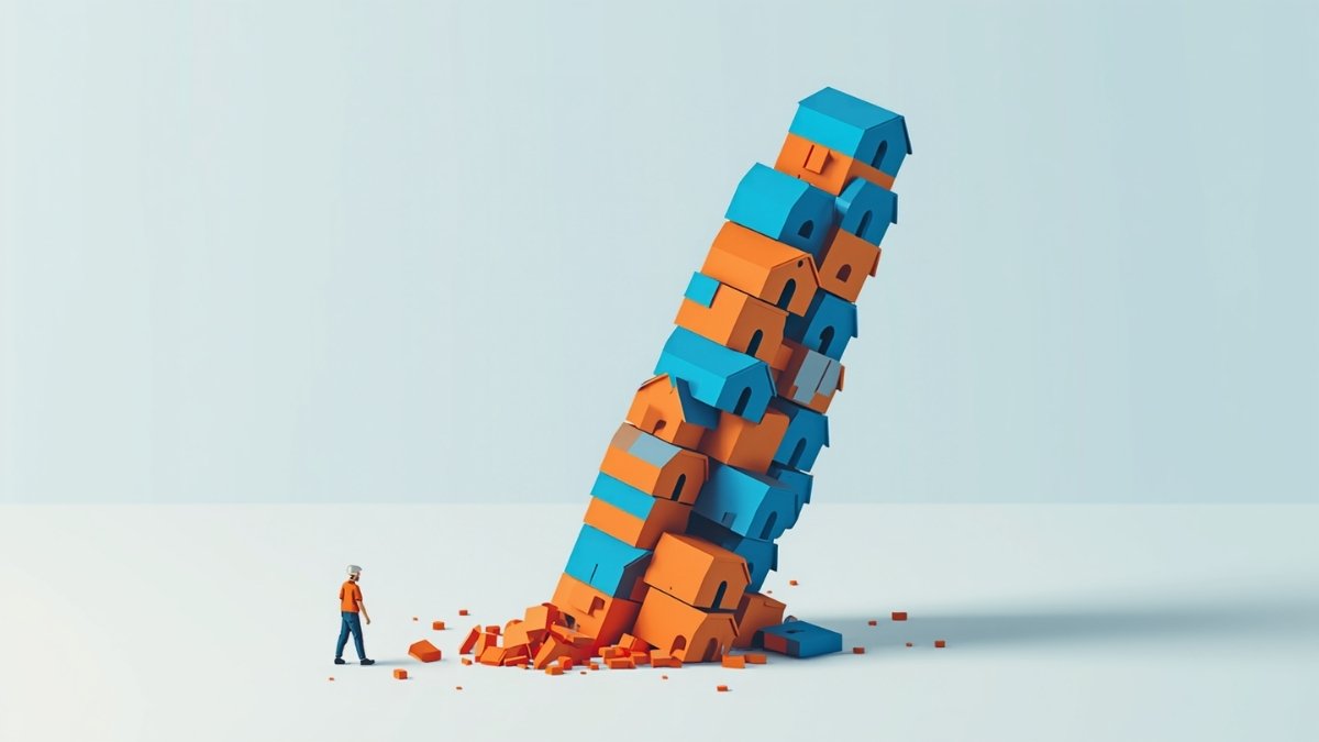 積み木のように積まれた小さな建物が崩れかけている、危険な手法のリスクを表すイラスト