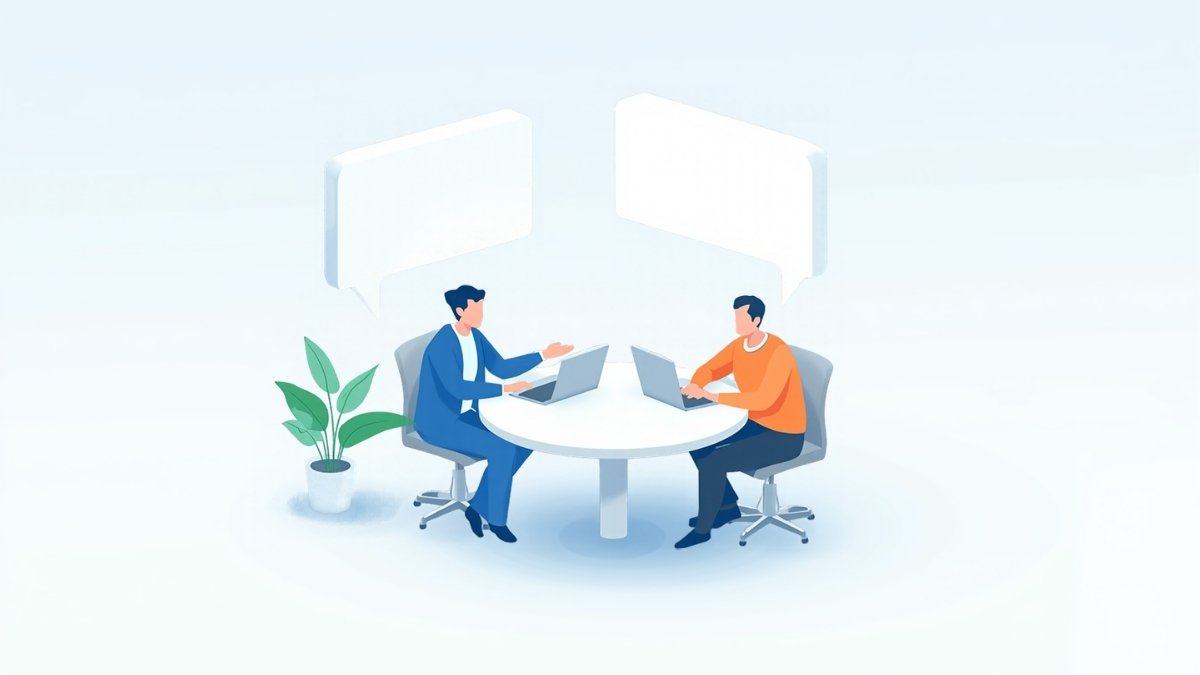 丸いテーブルでWebの専門家が店舗のオーナーの質問に答えているイラスト