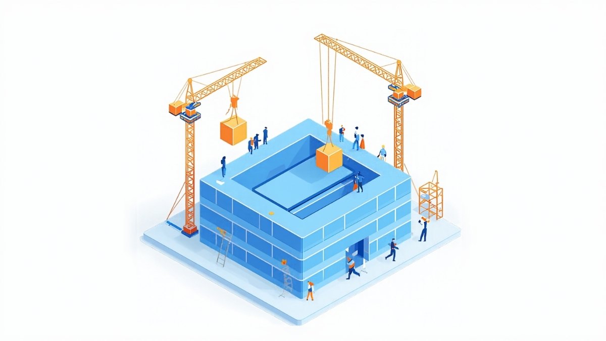 新しいサービスを表す建物とアプリが組み上がっていく様子のイラスト