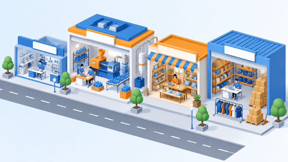 小さな工場と雑貨店と卸売の倉庫が並び文書作業をする人々のイラスト