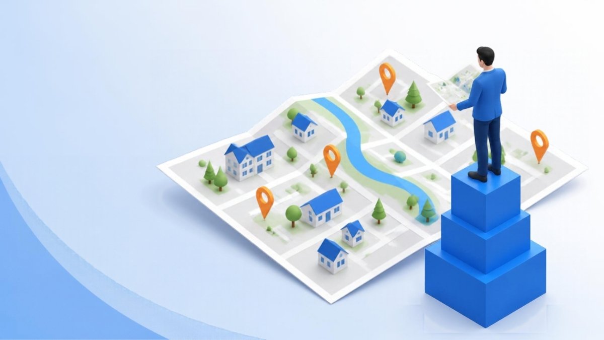積み上げたブロックの上で地域の地図を見る経営者のイラスト
