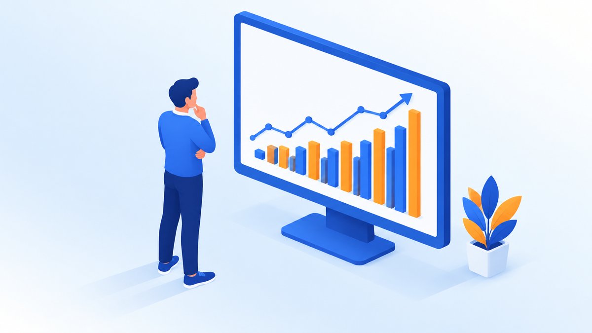 グラフが表示された画面で検索数の推移を確認する担当者のイラスト
