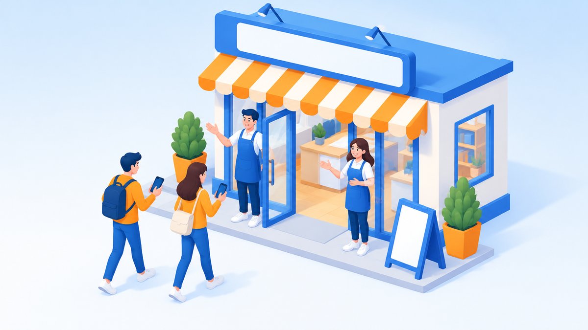 会社の看板の前で笑顔のスタッフが訪れた人を迎えるイラスト