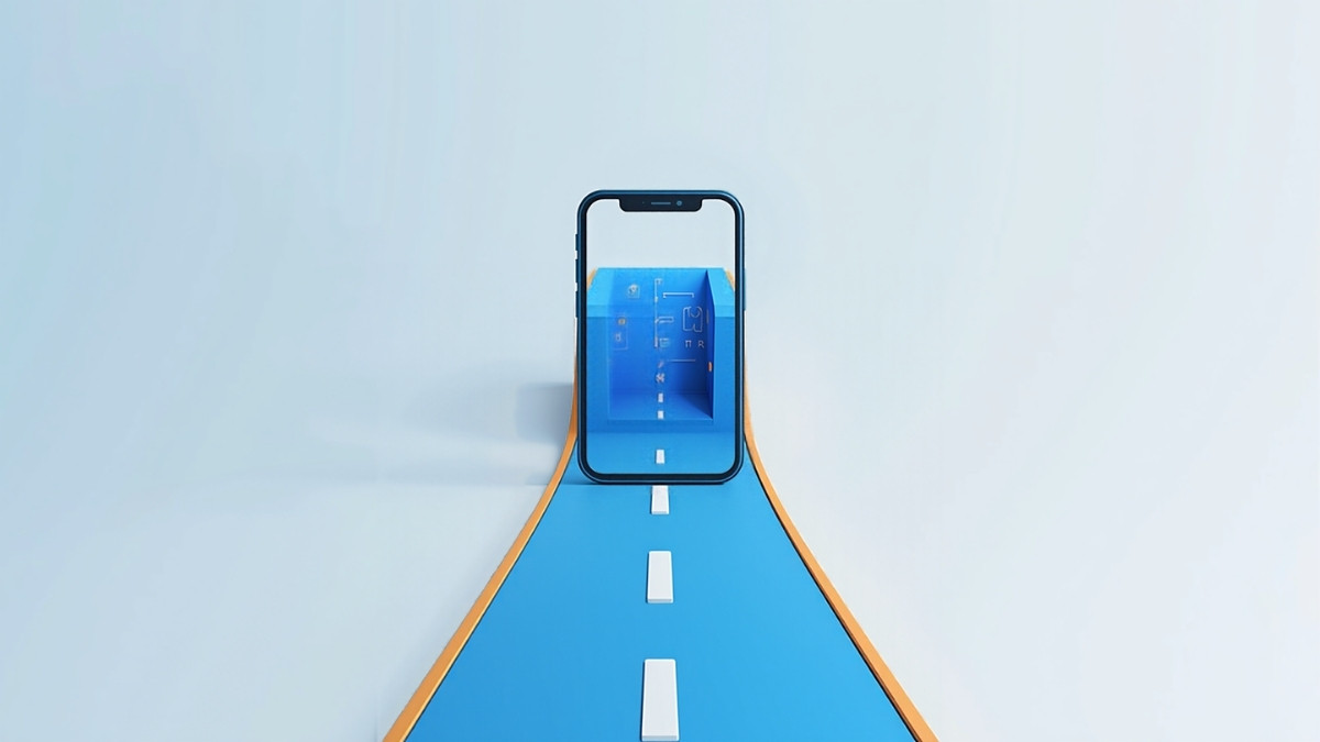 三つに分かれた道の先に、予約画面のスマホと工房と歯車が置かれたイラスト
